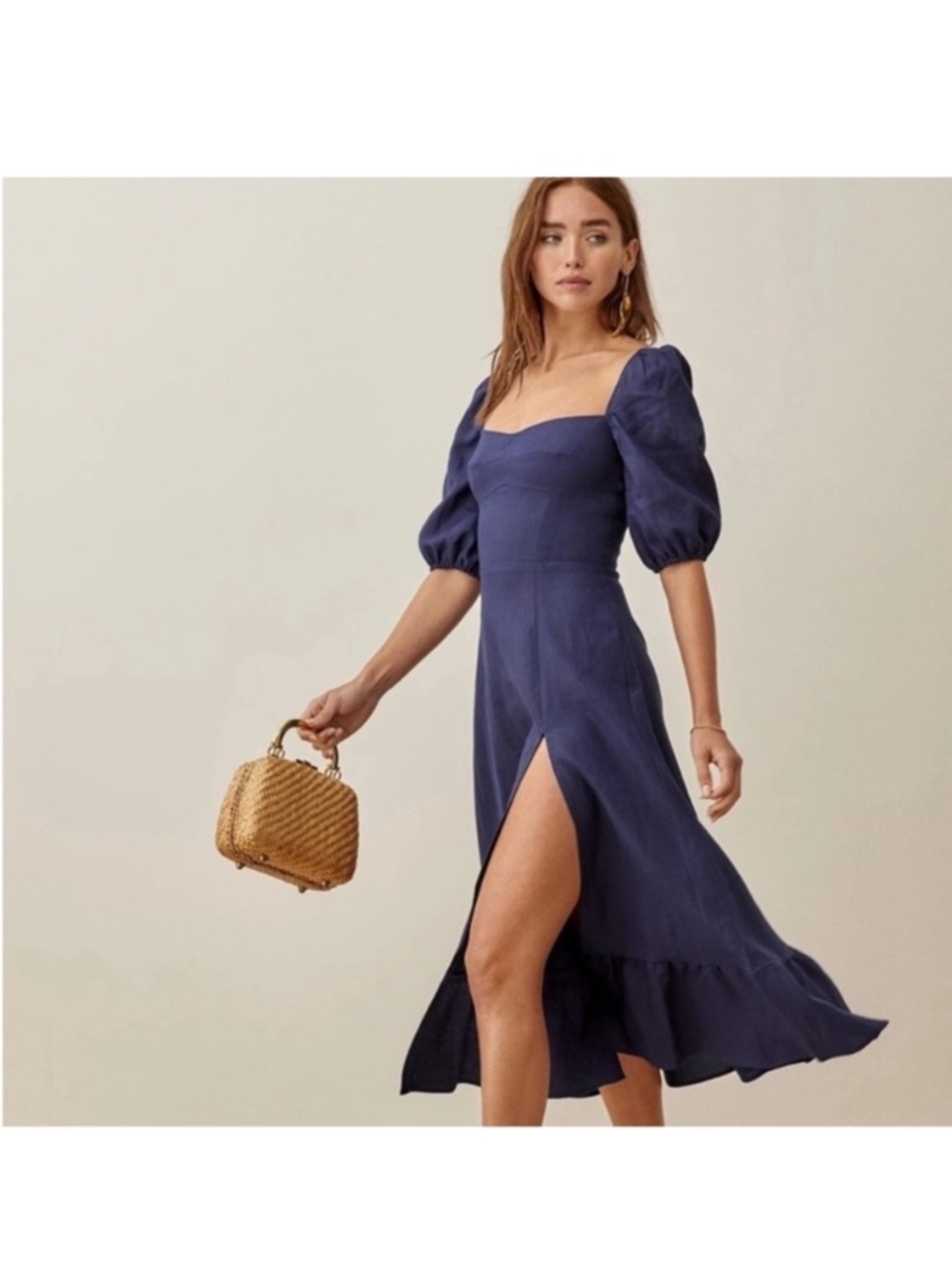 Reformation danube blue linen Sweetheart Midi Dress